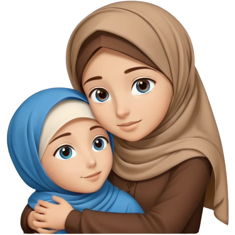 Turkish beautiful finish Konya girl blue eyes with brown beige hijab islamic dress and hugs with a boy brown haircut brother  emoji