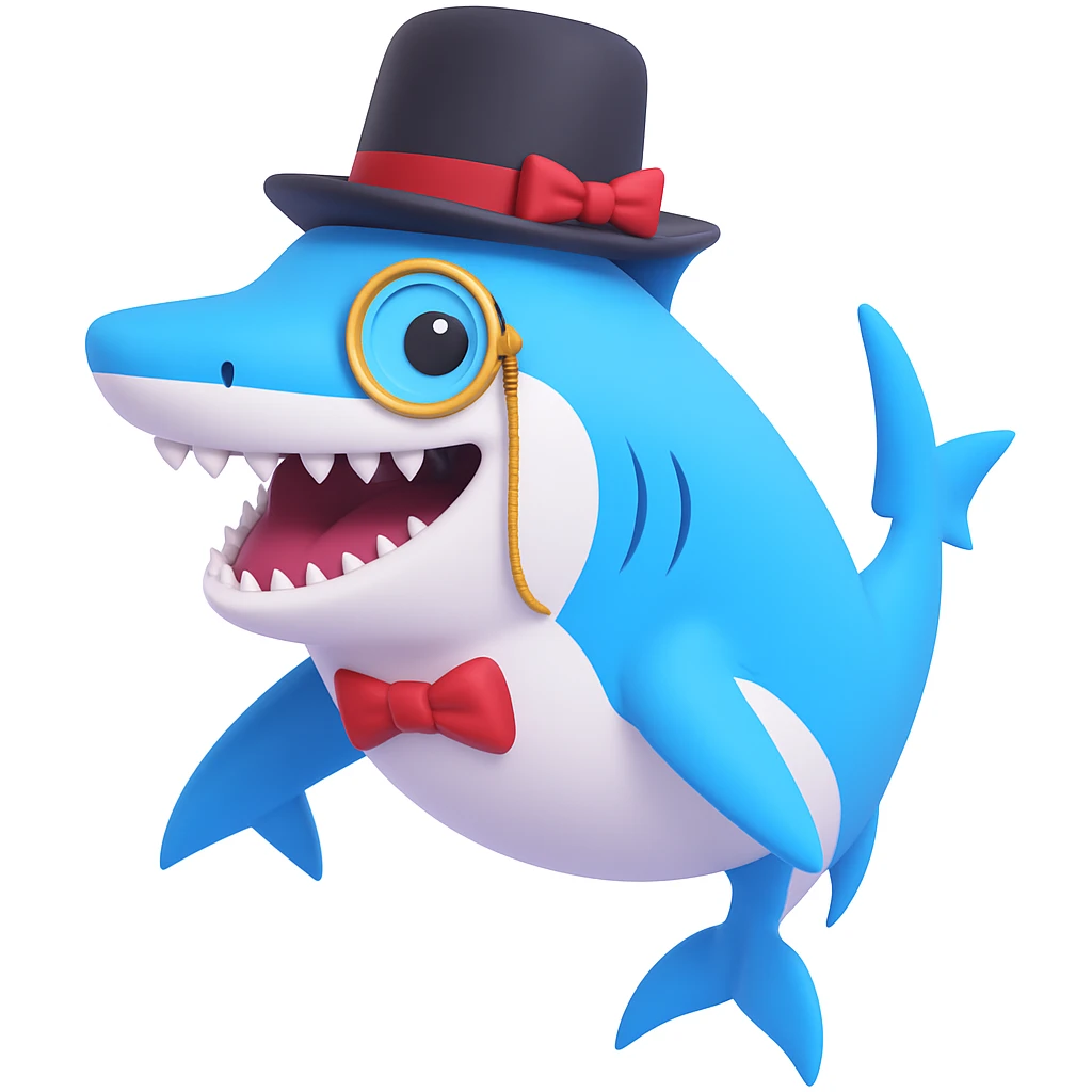 Add a monocle to the shark with a top hat, keeping the 3D emoji style look. emoji