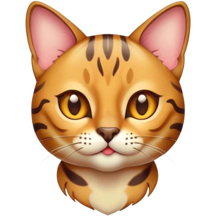 Cinematic Cute Bengal Cat Portrait Emoji, Playful and charming, sleek spotted brown and gold tones, Simplified yet adorable features, highly detailed, glowing with a warm, friendly glow, high shine, curious and affectionate, stylized with a touch of whimsy, bright and alert, soft glowing outline, capturing the essence of a mischievous yet loving kitten, so endearing it feels like it could pounce out of the screen and play! emoji