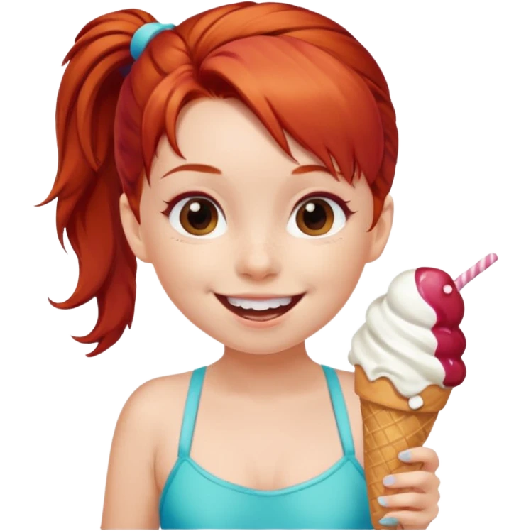 girl kid red haired swimsuit, eating ice cream, ponytail emoji
