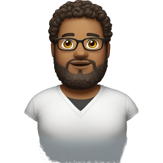 An emoji of an overweight man with medium brown skin, a beard, fade haircut on the sides with curly hair on top, and wearing glasses emoji