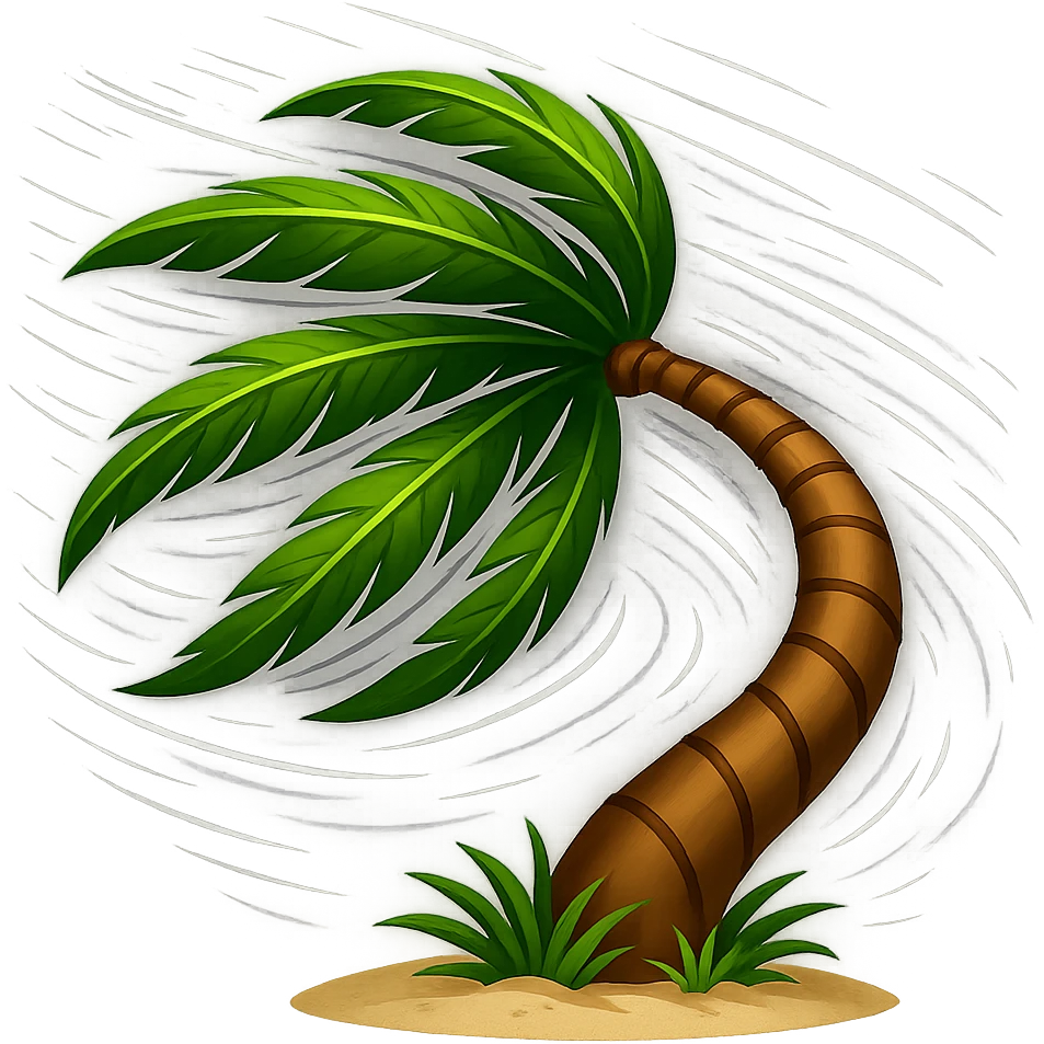 Make the stylized palm tree in strong wind more dramatic: curve the trunk further, show leaves almost horizontal, add motion streaks and wind effects, keep the background transparent. Style: stylized palm tree in strong wind with enhanced motion and wind effects. emoji