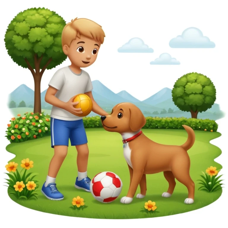 kid and dog playing with ball, garden background emoji