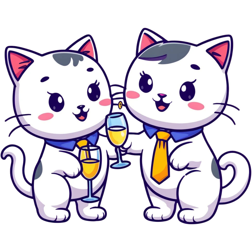 happy girl cat with eyelashes wearing a colorful necktie and happy boy cat wearing a professional necktie clinking champagne glasses together in celebration, both with cheerful expressions emoji