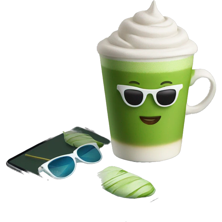 Matcha latte with iPad and sunglasses  emoji
