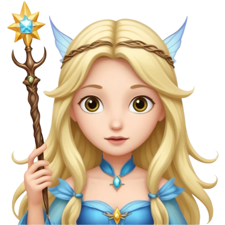 long haired fairy with normal sized eyes and a wand emoji