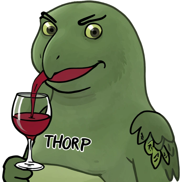 Eagle with the word Thorp on her chest drinking wine emoji