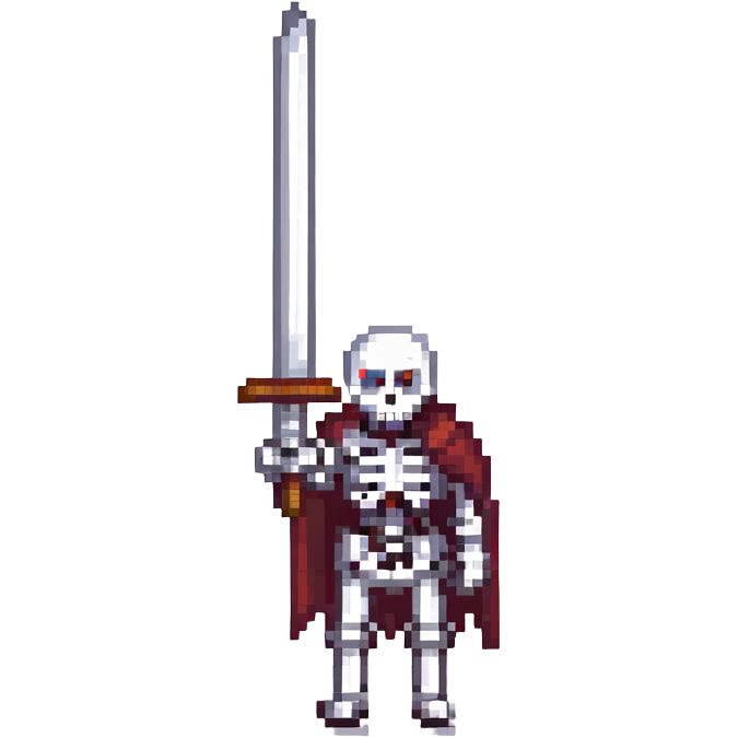 skeleton with a large sword, pixel art style emoji