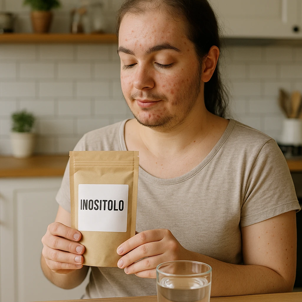 Lifestyle photograph of a woman with PCOS in a kitchen holding a package with the label 'Inositolo' clearly readable near a glass of water. She has acne and facial hair, thin hair, and a serene expression with natural light. emoji