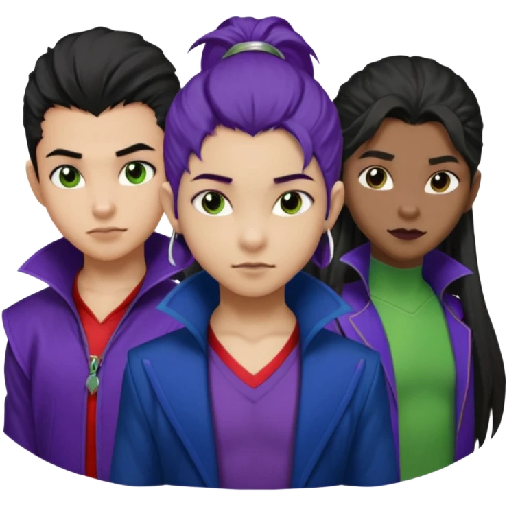 Solo poly platonic relationship, one African girl, one Asian boy, one biracial features Asian tomboy girl rat-tail hair long and upper masculine hair 90s, vampire and marvel cosplay elements inspired  use marvel race, like instead of obvious human, green purple blue etc,  emoji