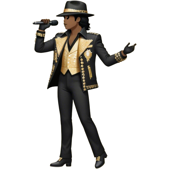 Create a dynamic and stylish emoji representing pop vocal performance with a vintage stage microphone as the central element, surrounded by iconic elements of Michael Jackson’s stage presence. Include a silhouette of his famous glittering jacket or sequined gloves, paired with the microphone to evoke his unique style. Add dramatic musical notes swirling around the microphone and jacket to symbolize the energy and showmanship of pop vocals. Use bold colors like gold, black, silver, and white to reflect the glamour and electrifying performance of a pop legend. The background should be transparent. emoji