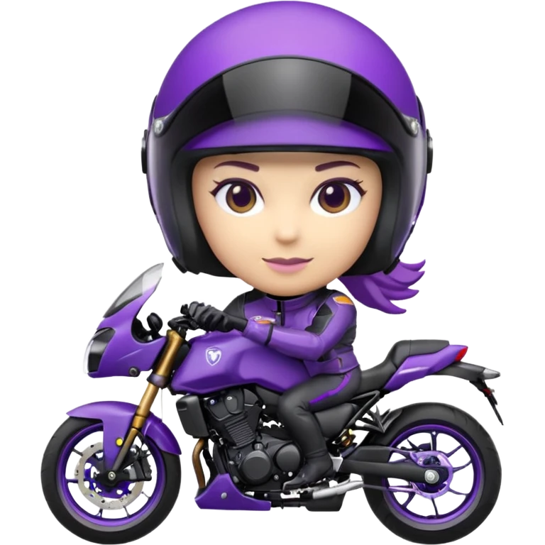 Créer un emoji avec une moto mt07 sport noir mate / violet iridescent très foncé, pare-brise de la moto violet. Avec une femme pilote dessus, visage caché’ par la visière violette, visière cachant tout le visage .Avec en arrière plan cercle violet. emoji