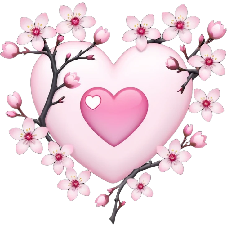 goth sakura heart, white heart with sakura branch and blossoms, pink highlights emoji