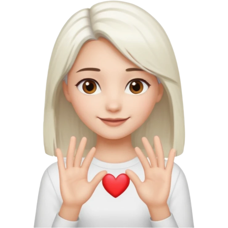Beautiful girl. Platinum-colored hair just below the shoulders, straight, brown eyes, sweet smile. Hands in the shape of a heart. emoji