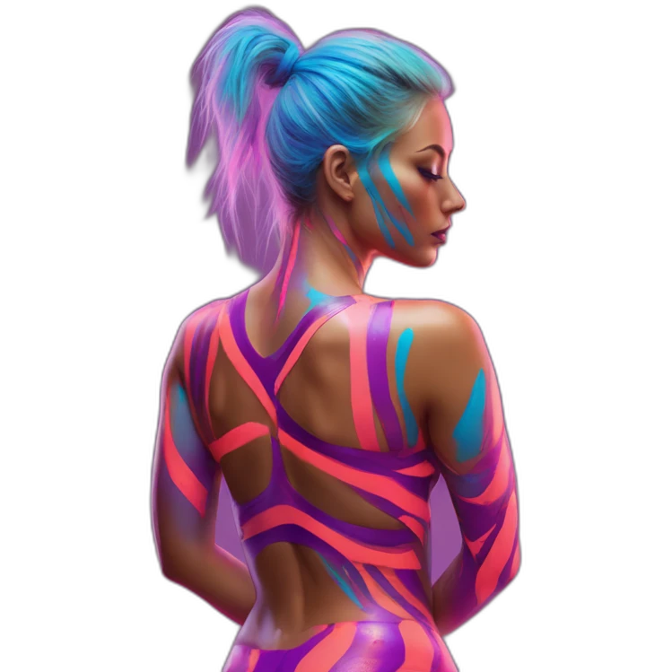 Hyper-realistic neon sign shows sultry fitness model in striped body paint from behind emoji