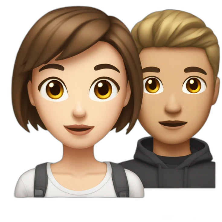 Couple of a white girl with neck-length brown hair and a mixed-race boy with short hair in streetwear. emoji