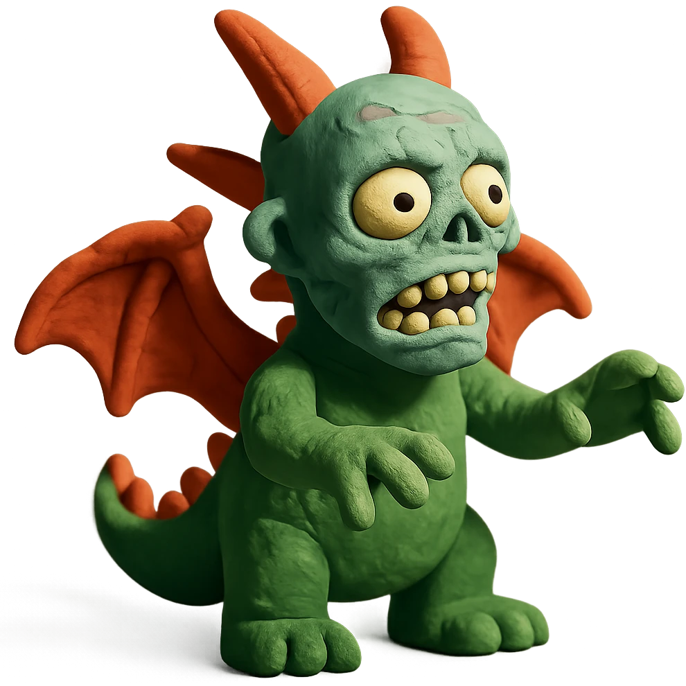 claymation style human dragon with a zombie face emoji