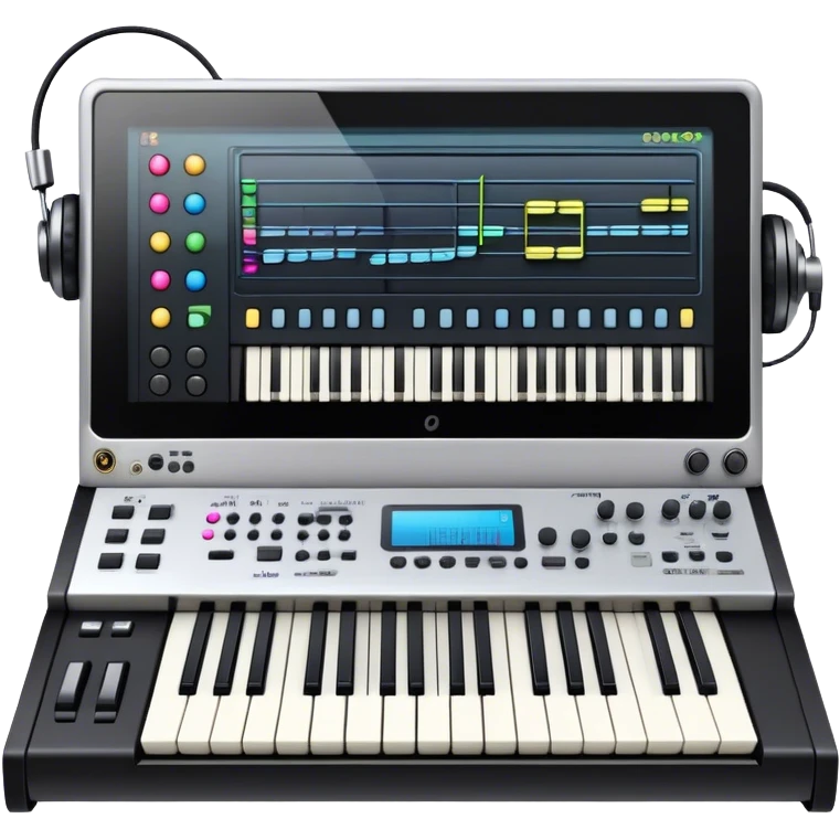 Create a professional and artistic emoji that represents writing music tracks. The design should feature a large monitor displaying musical notes or a score, positioned in front of a professional Korg synthesizer. Add elements like studio headphones, a MIDI keyboard, and an audio interface to symbolize the tools used in music production. Use sleek, modern colors like silver, black, and neon accents to convey the professional environment of music composition. The background should be transparent. emoji