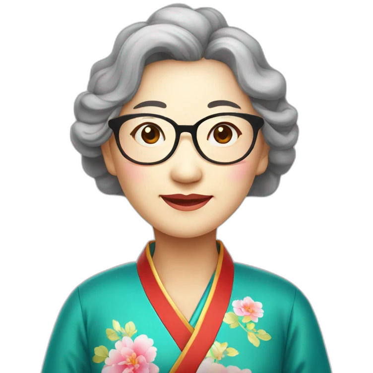 Chinese seniors lady wear glasses has wavy long hair wear Chinese traditional dress show appreciation sign emoji