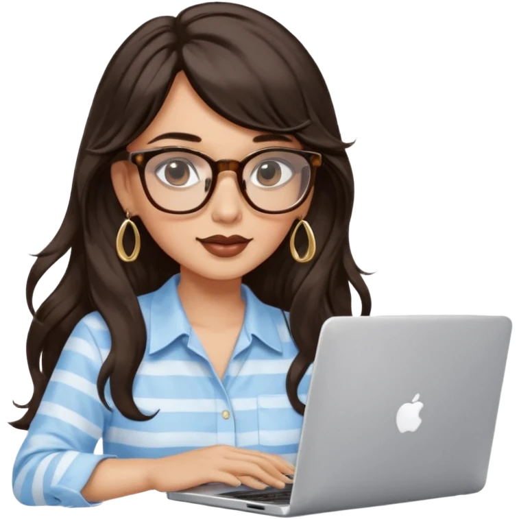 A woman with long wavy dark brown hair and a whispy bang, wearing thick tortoise SQUARE glasses, gold drop earrings. She has long lashes and a nude browny glossy lipstick. She's wearing an oversize light blue shirt with white vertical strips. She's working on a laptop emoji