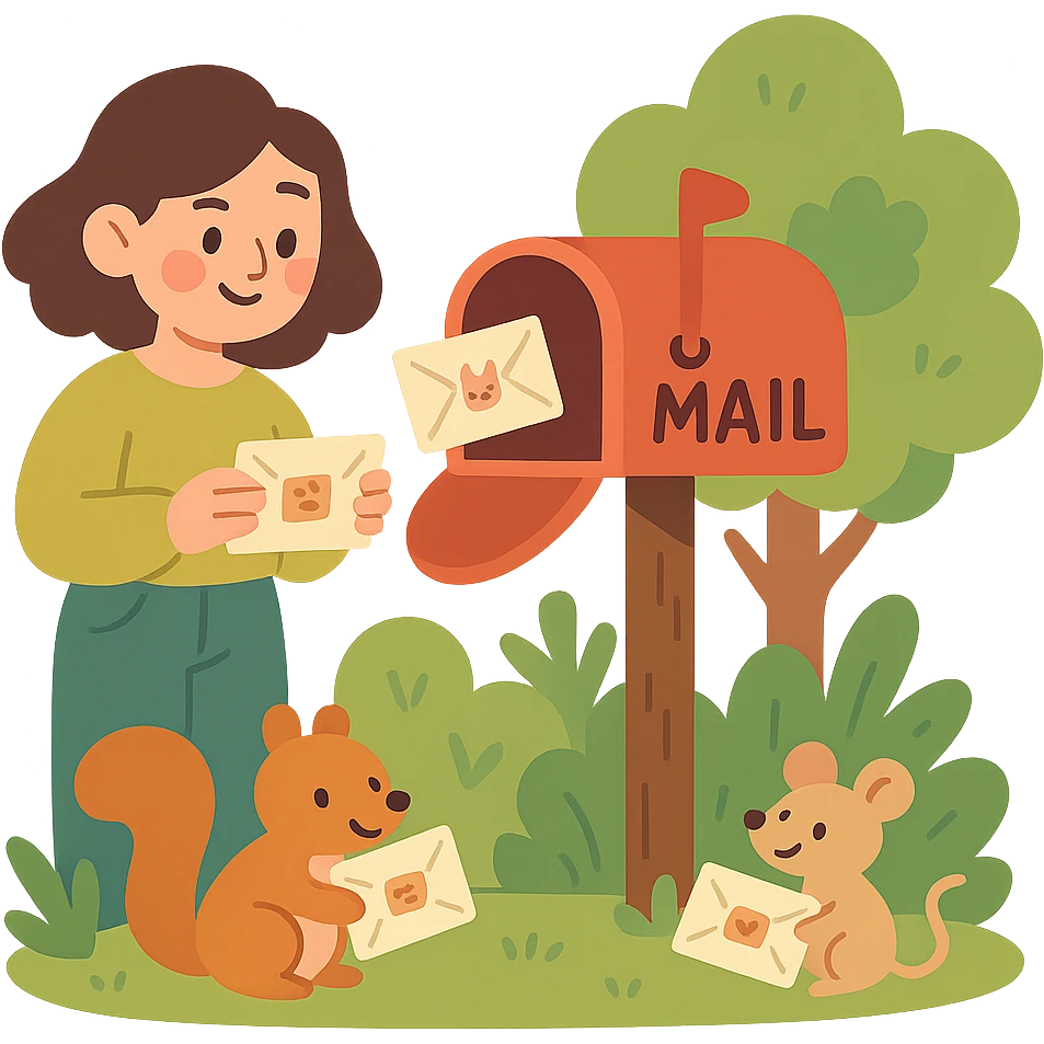 forest mailbox with tiny animal letters, cozy woodland theme, soft pastel colors, gentle and friendly atmosphere emoji