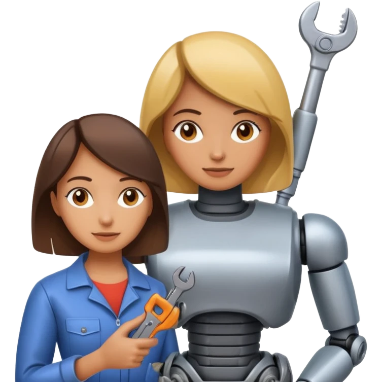 woman repairing a robot, holding a wrench emoji