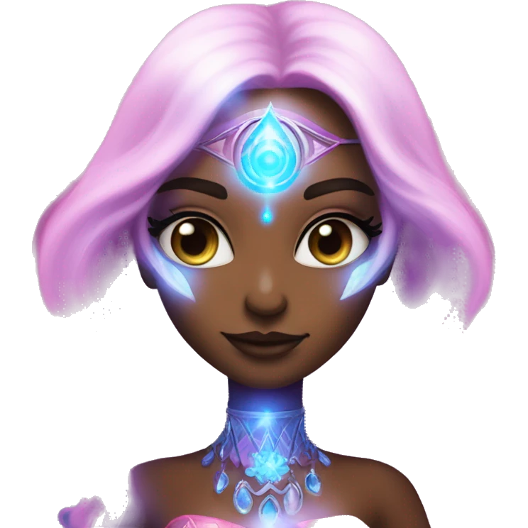 magical diva with pink andromedan skin long hair and blue eyes glowing third eye emoji
