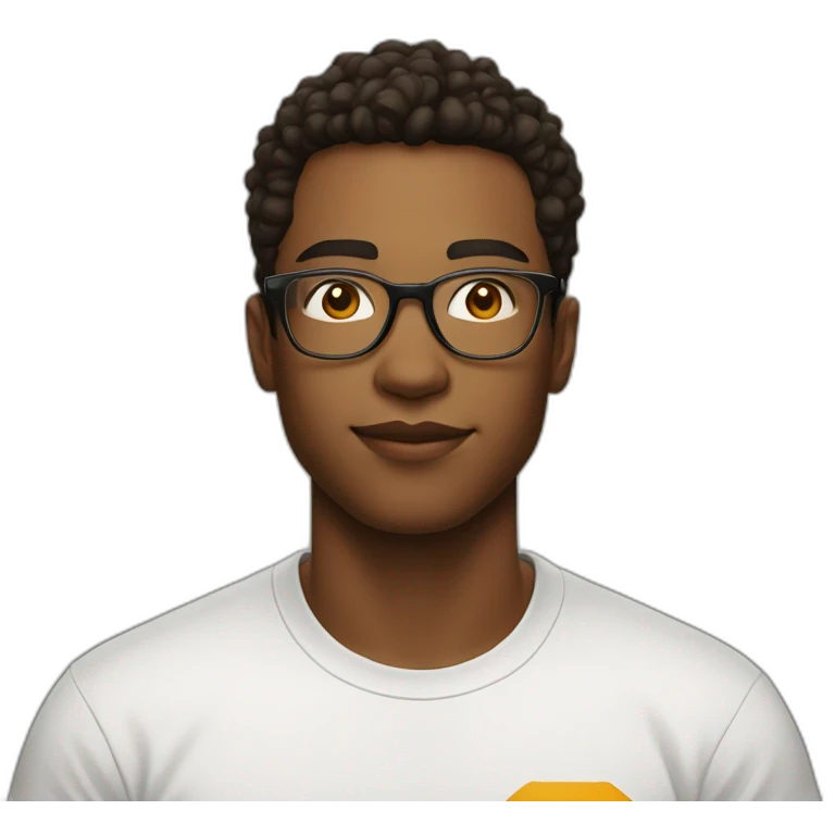 A young man with glasses wears a logo t-shirt, indoors with a neutral expression. emoji