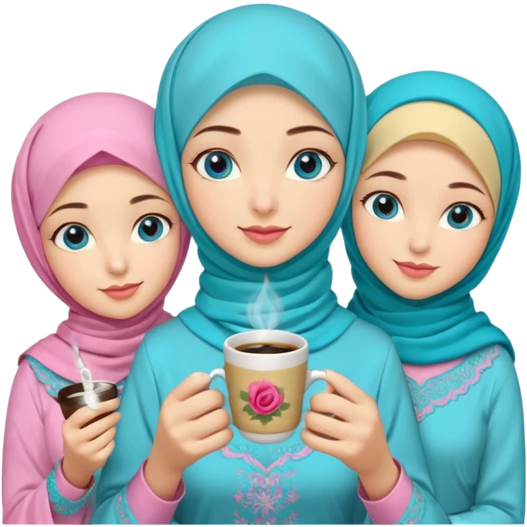 Turkish beautiful finish Konya three girls (friends) blue eyes with pink rose and turkis butter yellow hijab islamic dress and had on her hand turkish coffee   emoji