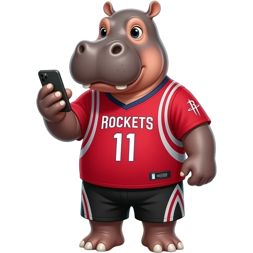 hippopotamus wearing rockets jersey playing cellphone in beach emoji