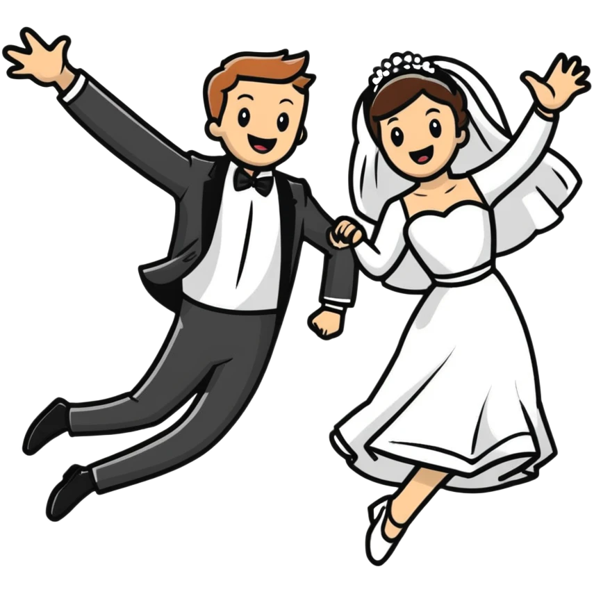 Comedic character in inappropriate outfit disrupting a wedding, jumping between bride and groom emoji