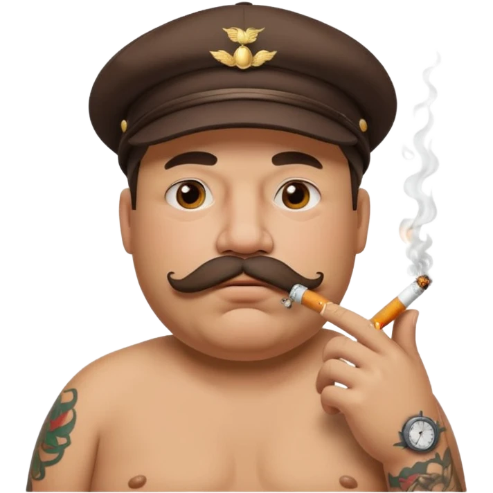 a fat father with a cap and tattoos, a cigarette in his mouth, and a mustache. emoji