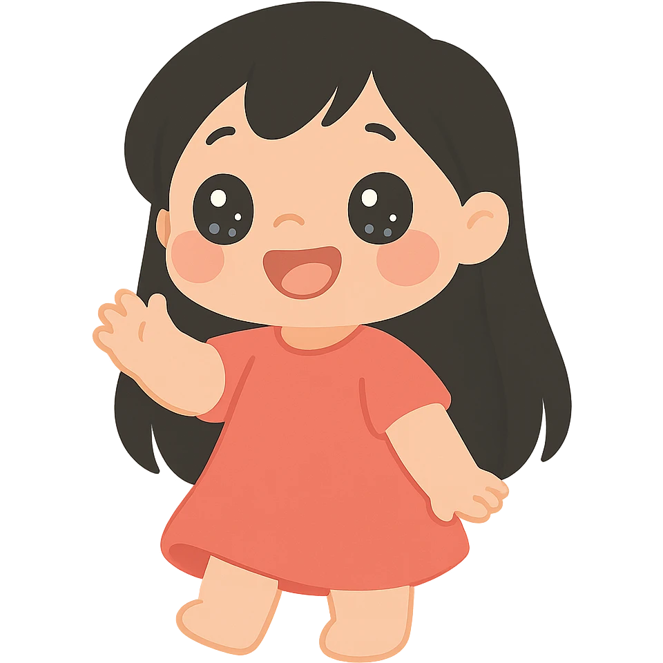 Lilo-inspired girl, kawaii style, red dress, black hair, big eyes, cute pose emoji