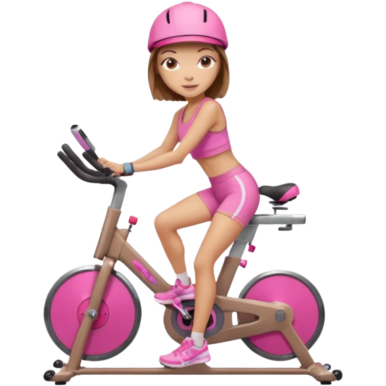 Light tan girl with a brown bob hat style with pink highlights in a pink workout set leaning on a indoor cycle bike emoji