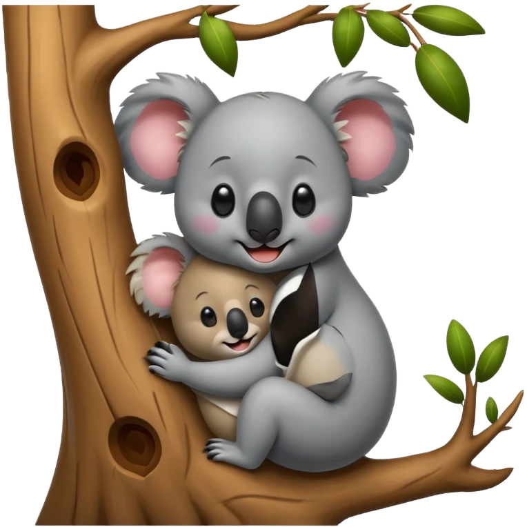 Koala and tree character hugging each other, add a face to the tree emoji