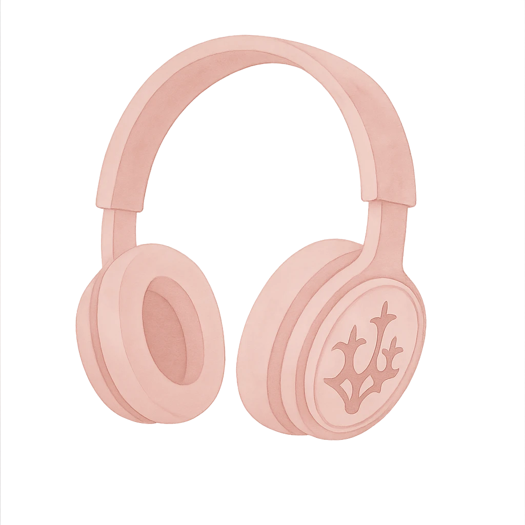 Remove the background, keep only the pink gothic headphones in watercolor art style, with soft pink washes and delicate gothic patterns, with no background. emoji