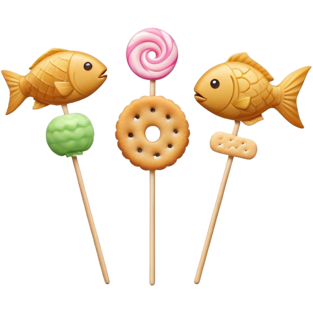 A minimalist Apple-style logo combined with fish cake with pink swirl (narutomaki), rice cracker (senbei), and dango on a stick arranged in a clean, modern design emoji