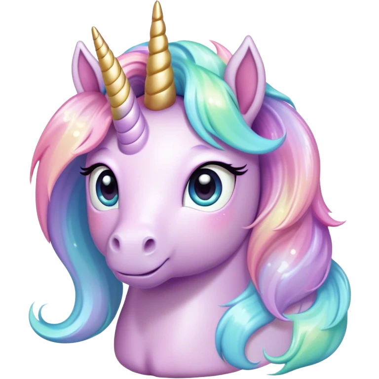 Cinematic pastel-colored unicorn, flowing iridescent mane, big sparkling eyes, tiny rounded hooves, soft chubby cheeks, delicate magical glow surrounding, enchanting and dreamy. emoji