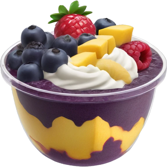 Açai bowl (made out of soft serve açai blend) in a a clear tub/cup with fruit  emoji