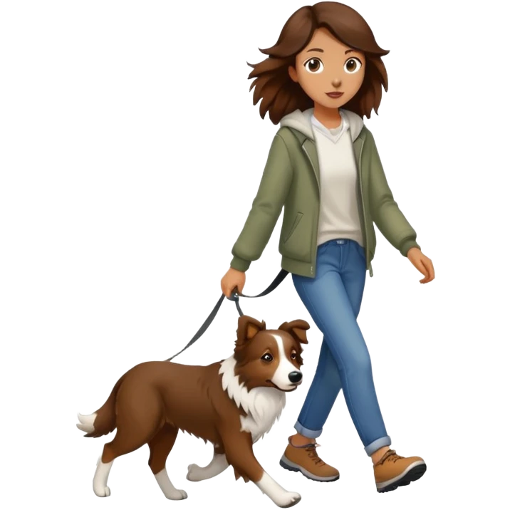 A beautiful girl with long brown hair walks a Border Collie emoji