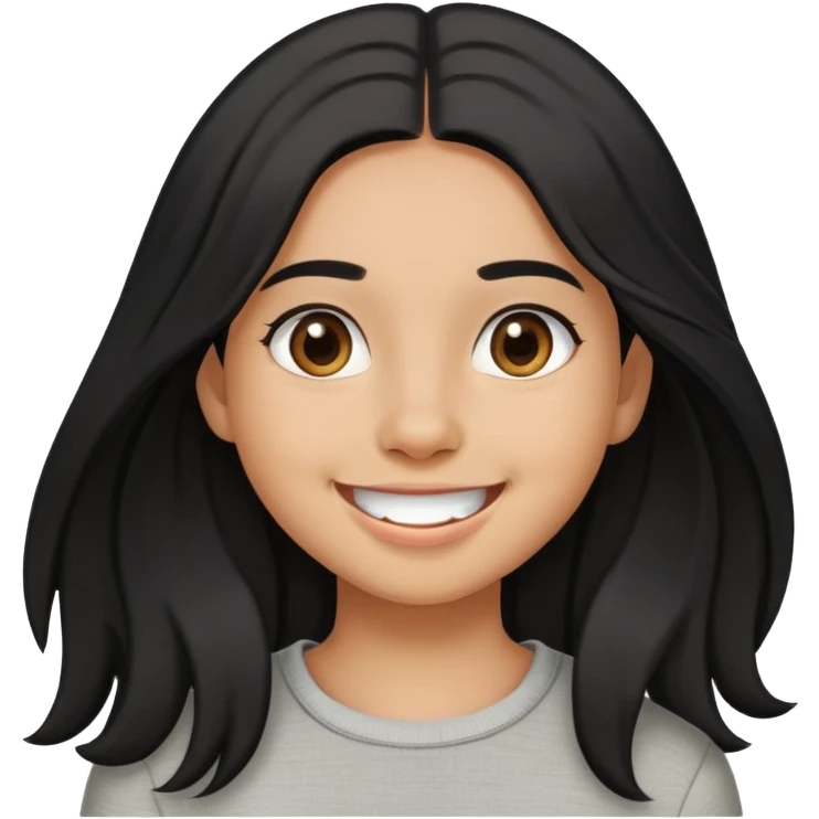 girl smiling with no teeth, olive brown complexion, long black hair, brown eyes, casual outfit emoji