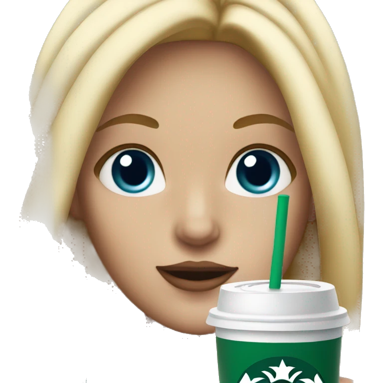 blonde girl blue eyes with Starbucks cup drink emoji