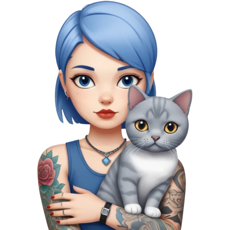 Cool girl with tattoos holding a british shorthair blue white cat emoji