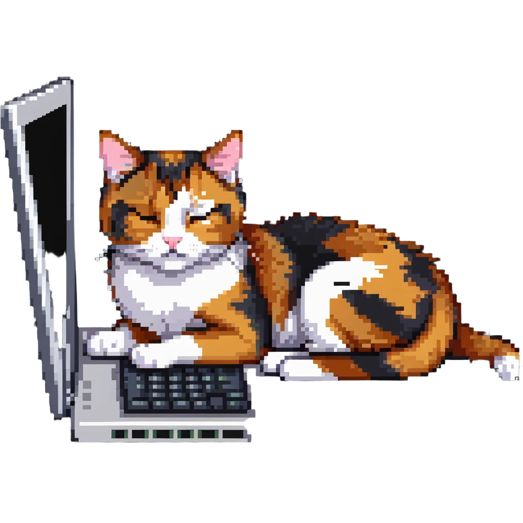 cute calico cat sleeping on computer emoji