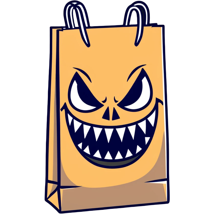 spooky paper bag with scary face and evil grin emoji