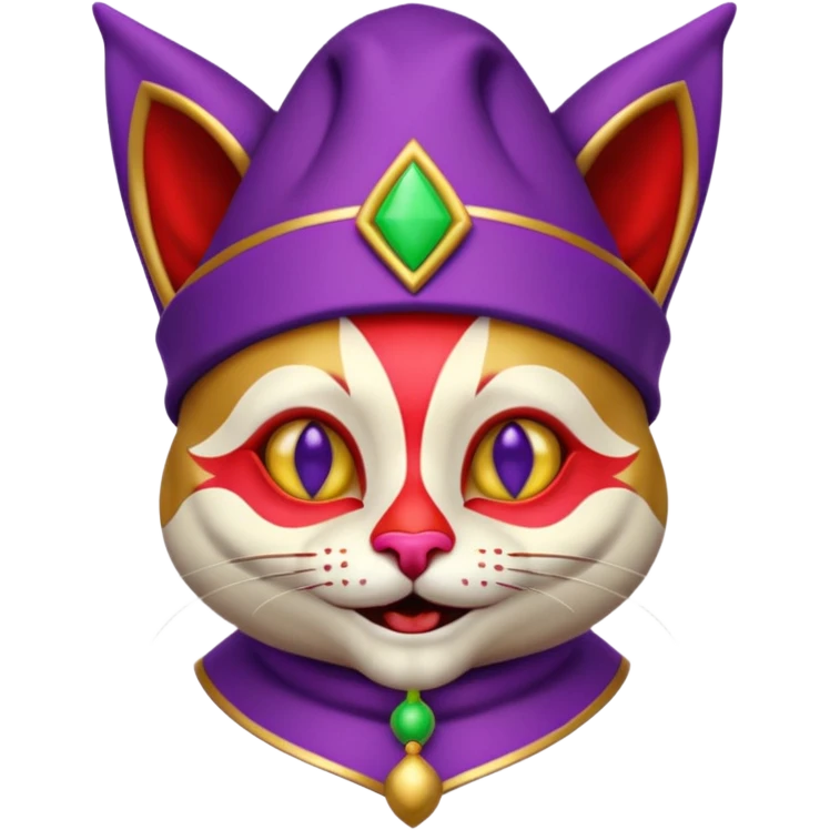 crazy colorful cute little cat jolly joker from poker, medieval, vintage, court jester, mac os icon, purple, gold and red color, half body. Squared shape as 3D mac os icon, symmetrical emoji