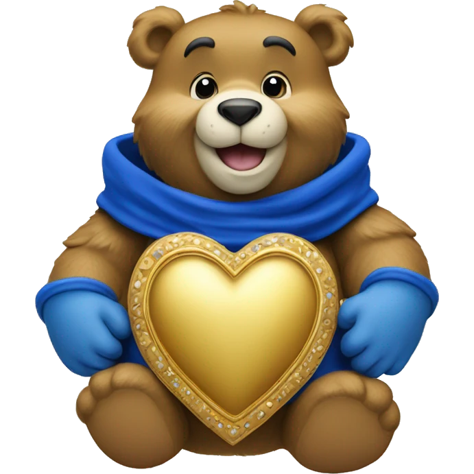 A care bear hold a royal blue and gold heart emoji