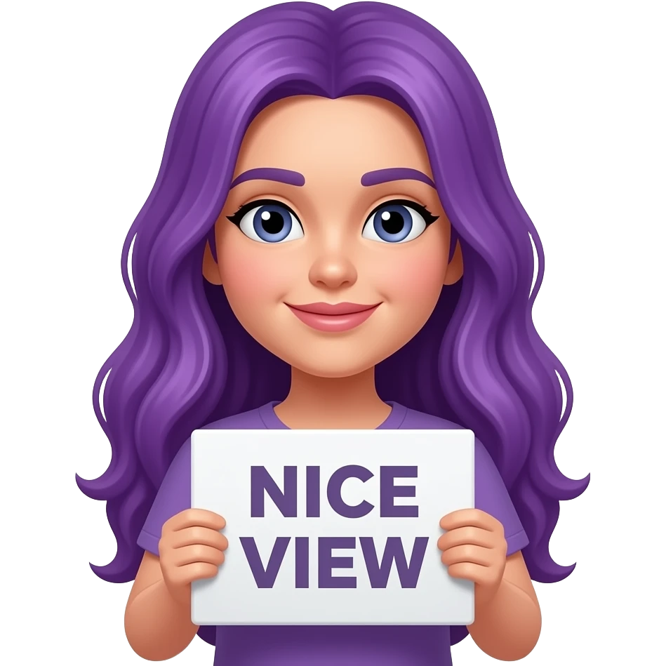 girl with long purple hair holding a NICE VIEW sign emoji