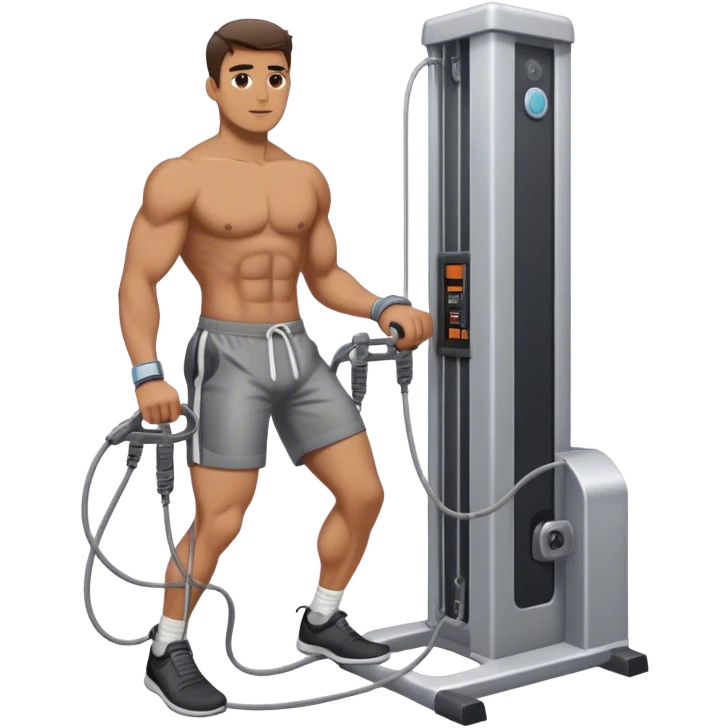 guy standing next to cable-machine with cable tied to ankle-cuffs for leg-side-raise exercise emoji