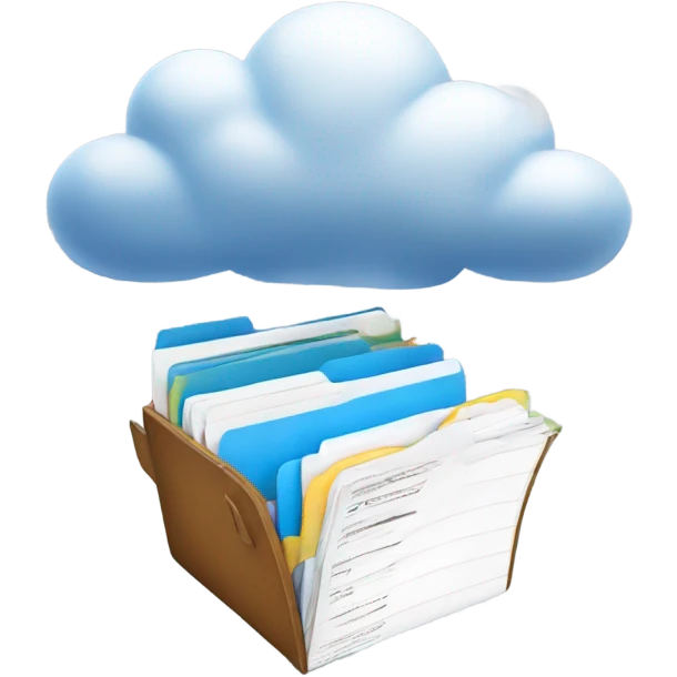 A cloud with folders and files flying in and out of it. emoji